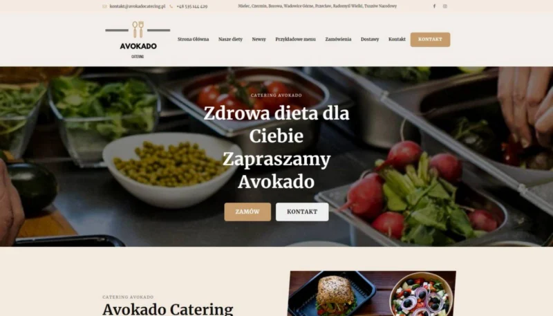 Strona Avokado — ekran główny z ofertą cateringu